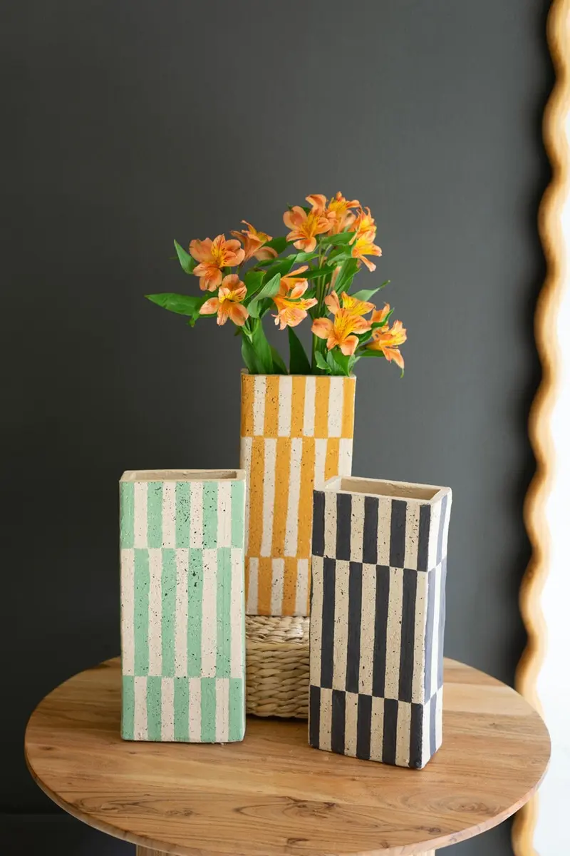 Set Of Three Clay Rectangle Striped Vases By Kalalou