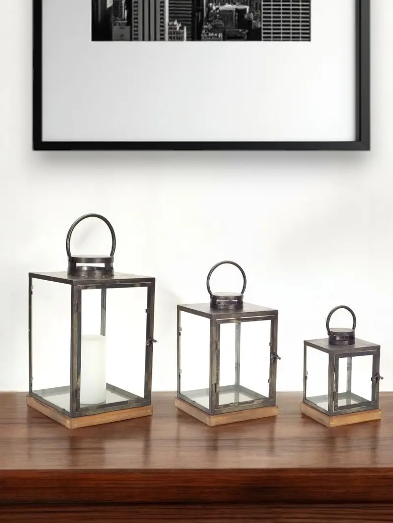 Set of Three Gray and Brown Glass Metal and Wood Geometric Floor Lantern Candle Holders By Homeroots