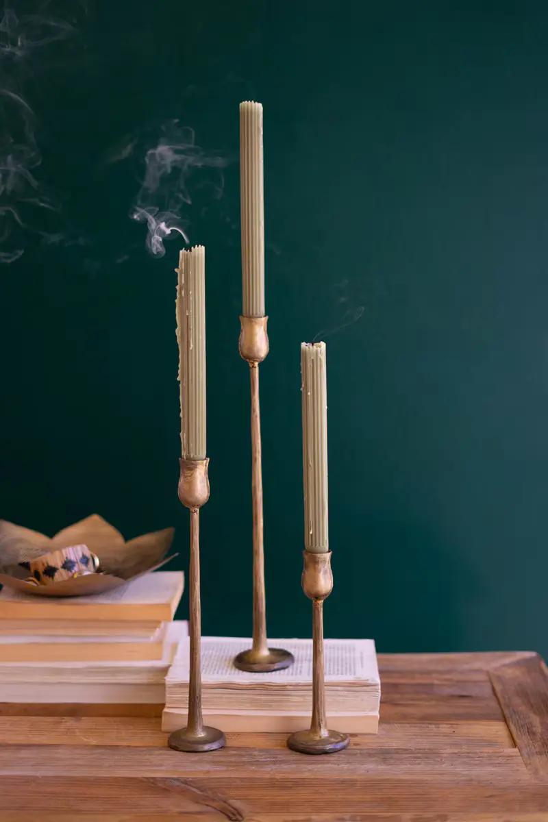 Set Of Three Metal Taper Candle Holders - Antique Brass #1 (Min 2) By Kalalou