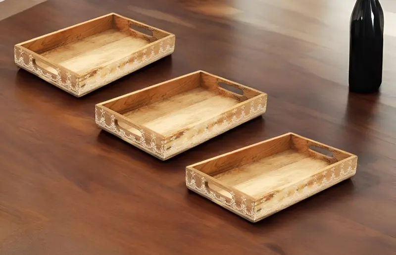 Set of Three Natural Rectangular Solid Wood Floral Handmade Serving Tray With Handles By Homeroots