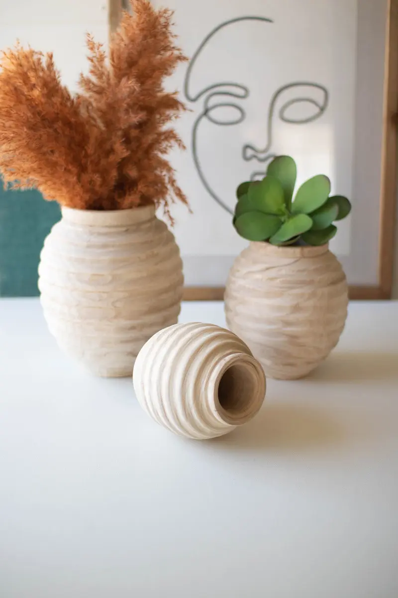Set Of Three Natural Wooden Gourd Pots By Kalalou
