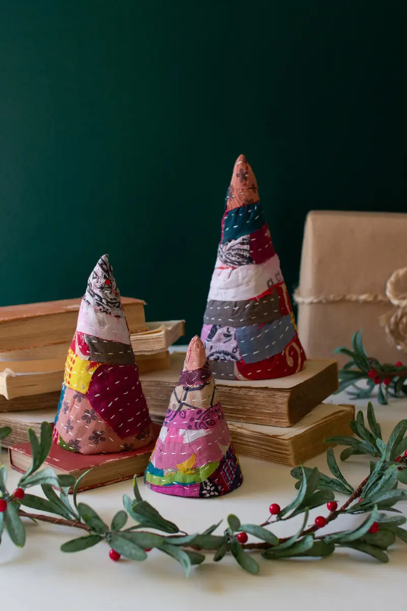 Set Of Three Small Kantha Christmas Topiaries By Kalalou