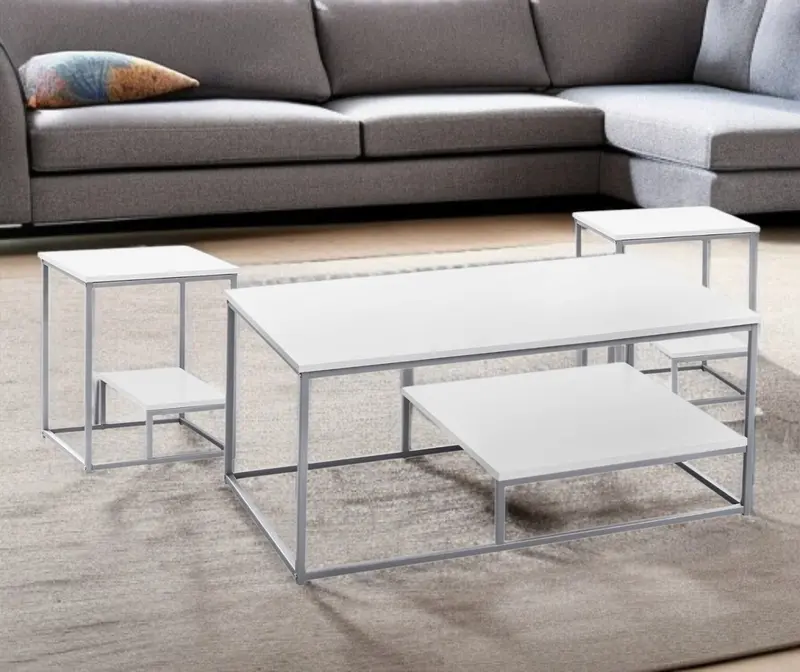 Set of Three White And Silver Metal Coffee Table With Shelf By Homeroots