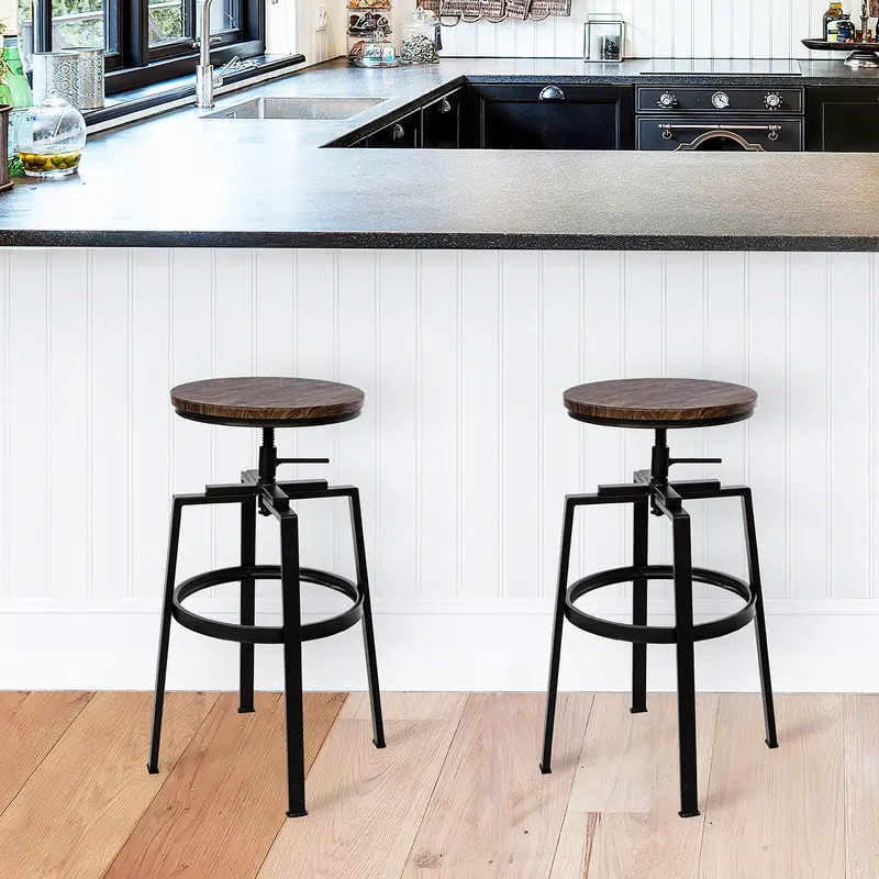 Set Of Two 30" Natural Light Brown Dark Bronze Steel Swivel Backless Bar Height Chairs With Footrest By Homeroots
