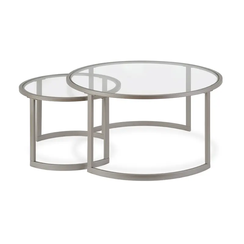Set Of Two 36" Nickel and Glass Round Nested Coffee Tables By Homeroots