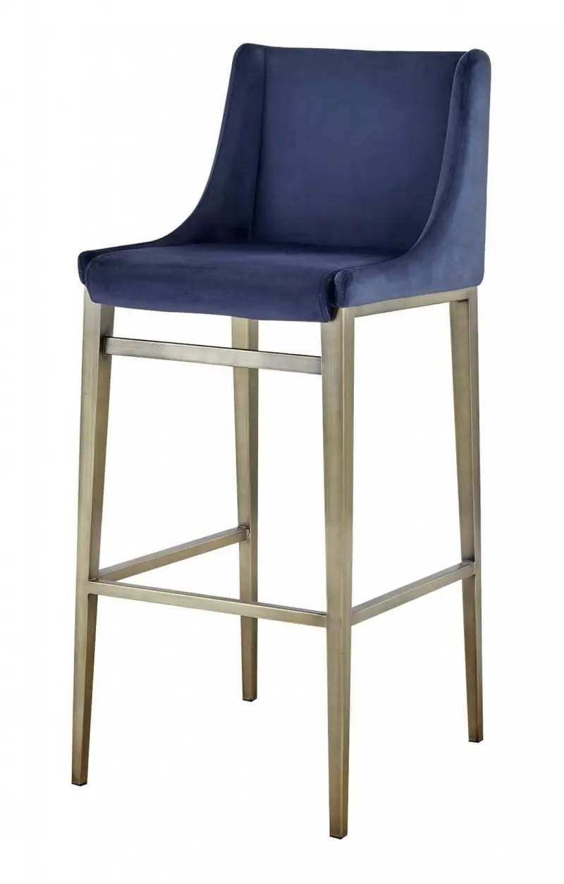 Set Of Two 41" Blue Velvet And Antiqued Gold Bar Height Chairs With Footrest By Homeroots