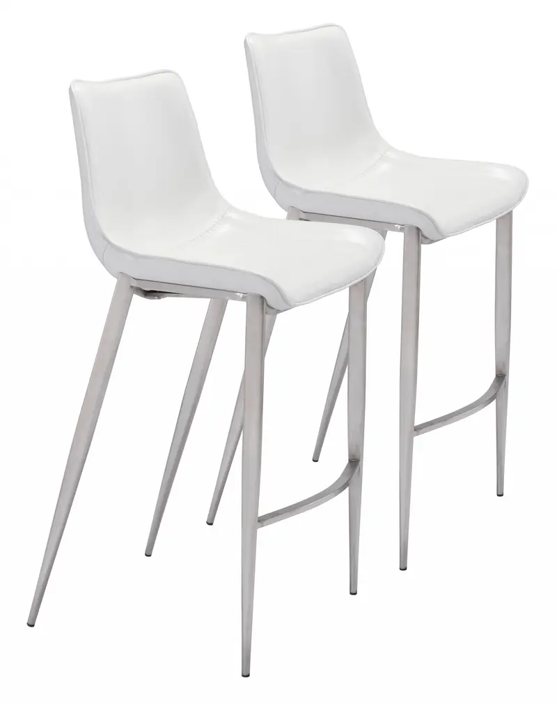 Set Of Two 43" White And Silver Steel Low Back Bar Height Chairs With Footrest By Homeroots