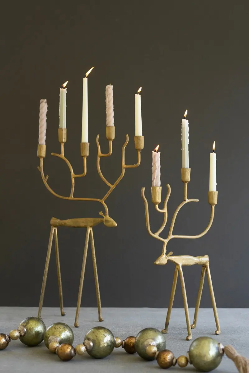 Set Of Two Antique Gold Forged Christmas Deer Candelabras By Kalalou