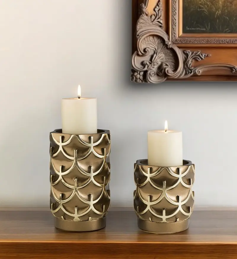 Set Of Two Antiqued Brass Tabletop Pillar Candle Holders By Homeroots