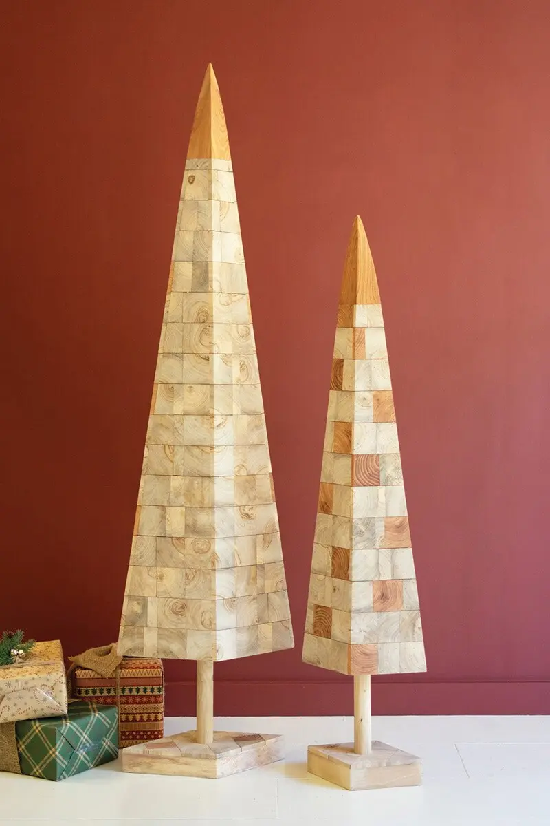 Set Of Two Assorted Wood Block Chirstmas Trees - Squares By Kalalou