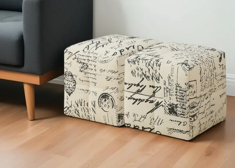 Set of Two Beige And Black Faux Leather Cube Ottoman By Homeroots