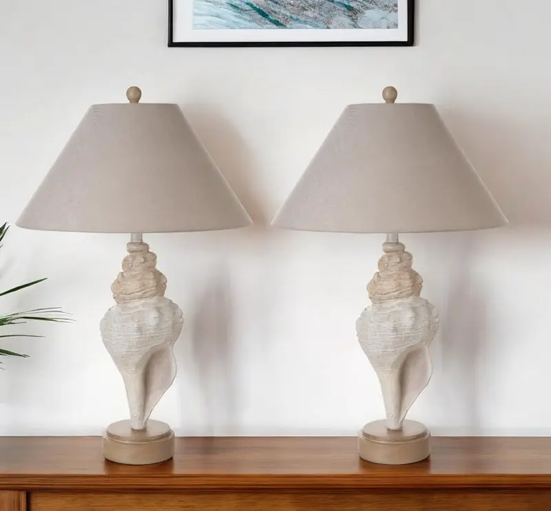 Set of Two Beige and Brown Novelty Table Lamp Coastal With Tan Empire Shade By Homeroots