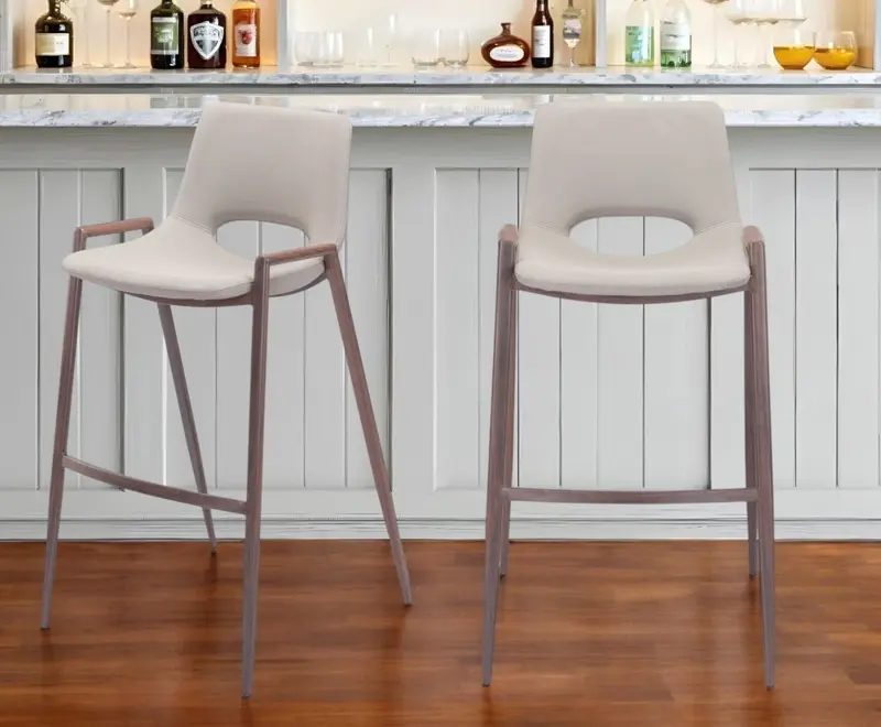 Set of Two Beige And Brown Steel Low Back Bar Height Bar Chairs By Homeroots
