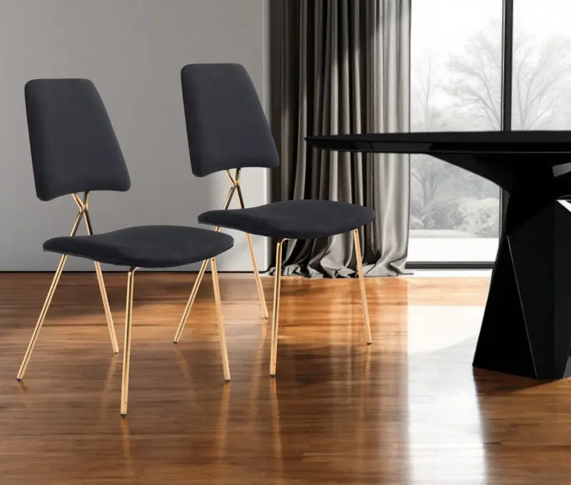 Set of Two Black And Gold Upholstered Velvet Open Back Dining Side Chairs By Homeroots