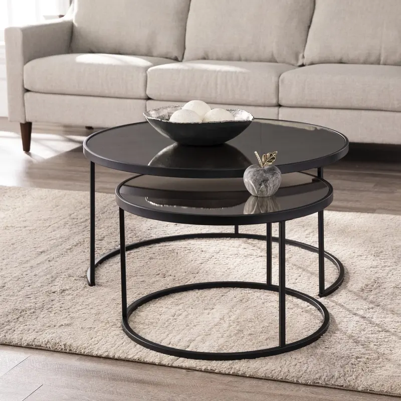 Set of Two Black And Silver Mirrored Round Nested Coffee Table Set By Homeroots