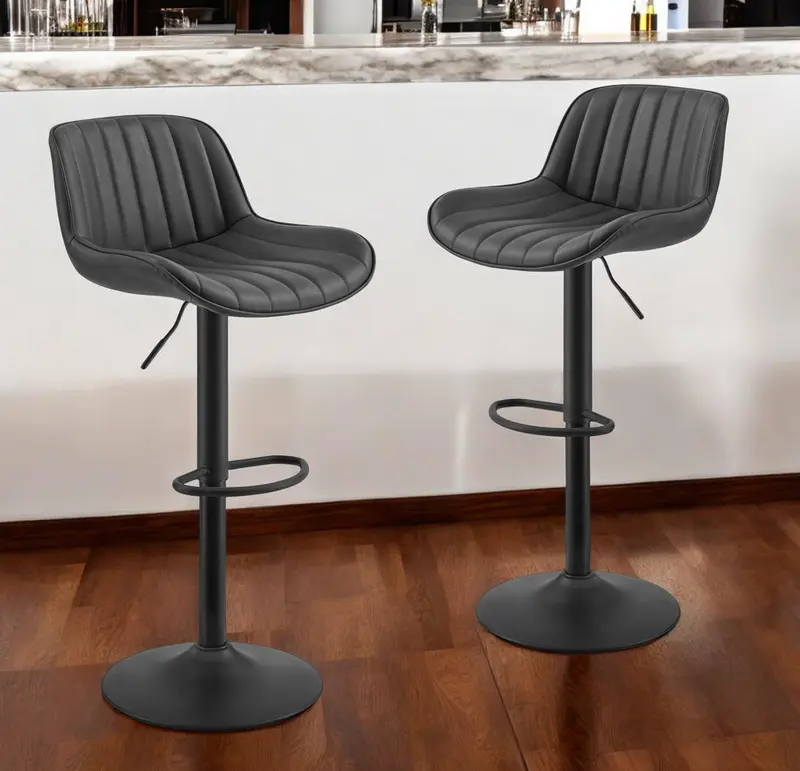 Set of Two Black Faux Leather And Steel Swivel Low Back Adjustable Height Bar Chairs By Homeroots