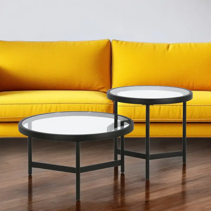 Set of Two Black Glass And Steel Round Nested Coffee Tables By Homeroots