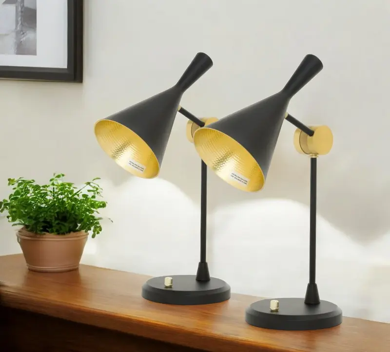 Set of Two Black Metal Geometric Desk Table Lamps With Black and Gold Cone Shade By Homeroots