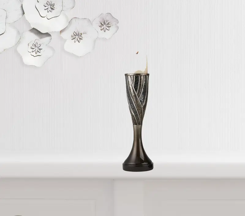 Set of Two Black Silver and Bronze Polyresin Abstract Centerpiece Pillar Candle Holders With Candle By Homeroots