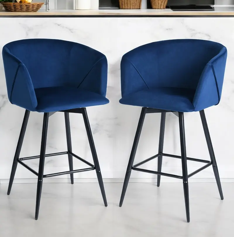 Set of Two Blue And Black Velvet And Steel Low Back Bar Height Bar Chairs By Homeroots