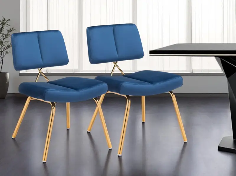 Set of Two Blue And Gold Upholstered Velvet Open Back Dining Side Chairs By Homeroots