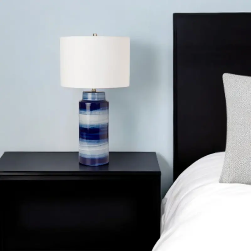 Set of Two Blue and White Ceramic Cylinder Table Lamps With White Drum Shade By Homeroots