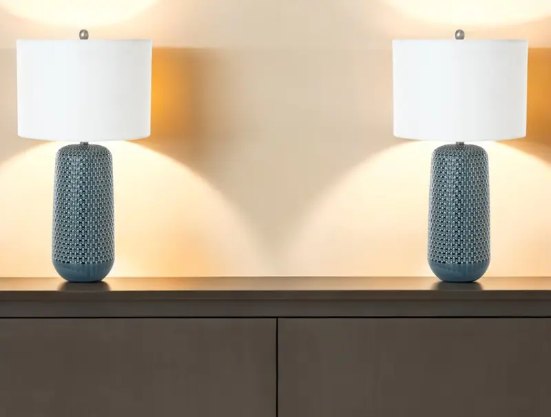 Set of Two Blue Ceramic Geometric Table Lamp With White Drum Shade By Homeroots