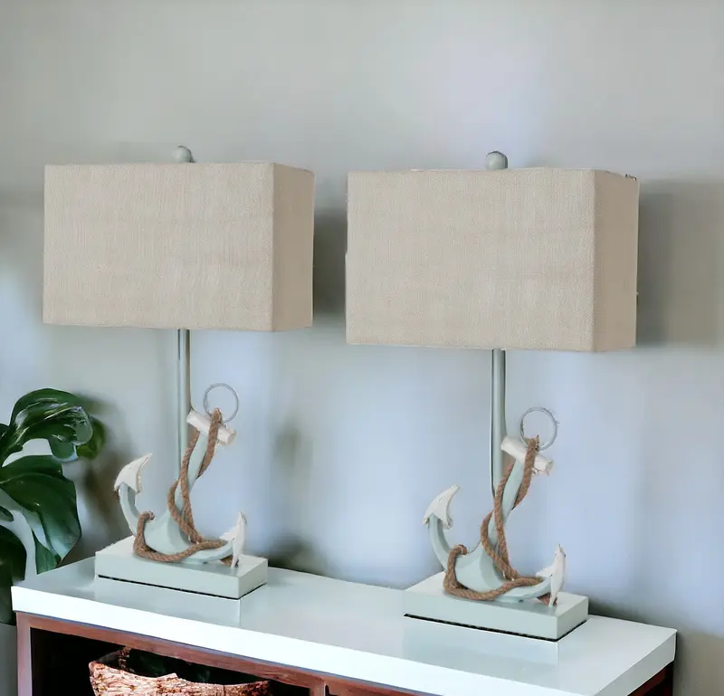 Set of Two Blue Coastal Anchor Table Lamps With Beige Shade By Homeroots