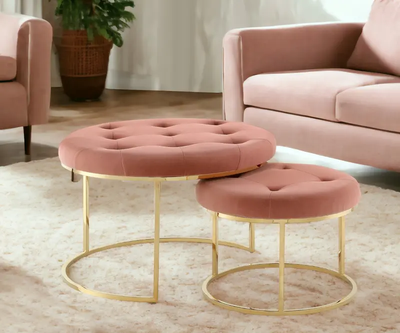 Set of Two Blush Velvet and Gold Tufted Round Ottoman By Homeroots