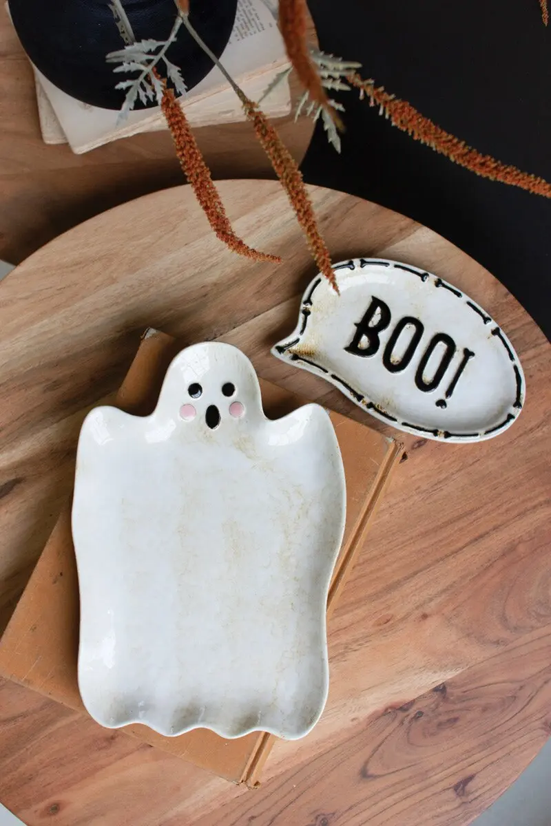 Set Of Two "Boo" Ghost Ceramic Serving Platters (Min 2) By Kalalou