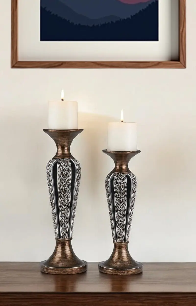 Set of Two Bronze and Silver Polyresin Hearts Centerpiece Pillar Candle Holders With Candle By Homeroots