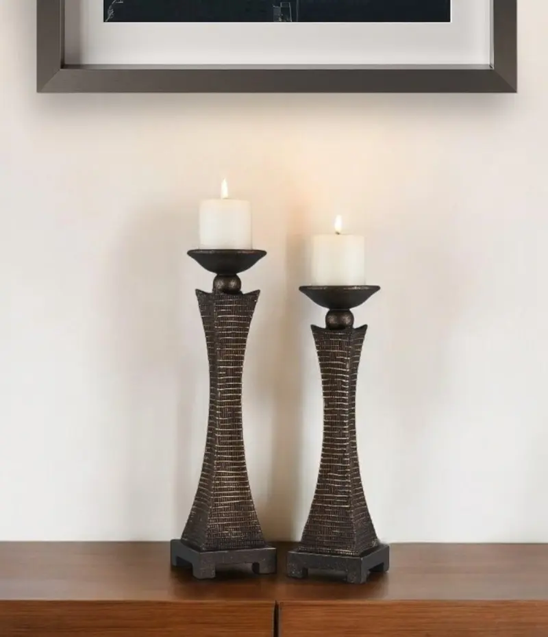 Set of Two Bronze Polyresin Woven Tabletop Pillar Candle Holders With Candle By Homeroots