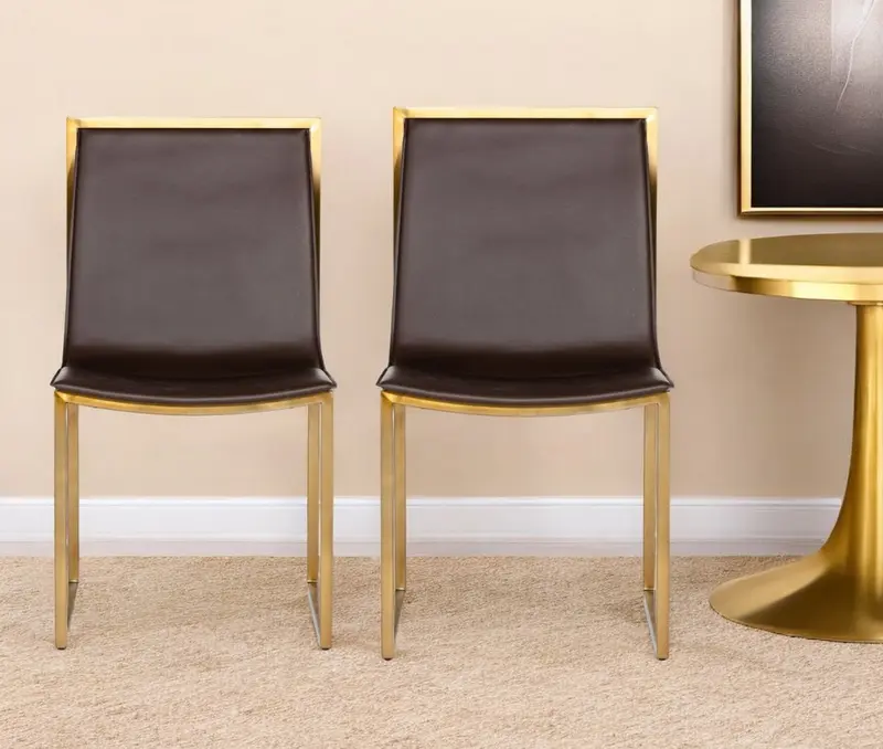 Set of Two Brown And Brass Upholstered Faux Leather Dining Side Chairs By Homeroots