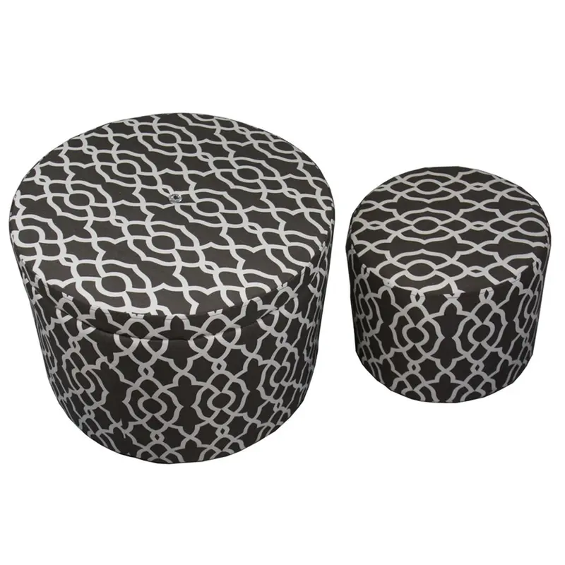 Set of Two Brown and White Lattice Round Ottomans By Homeroots