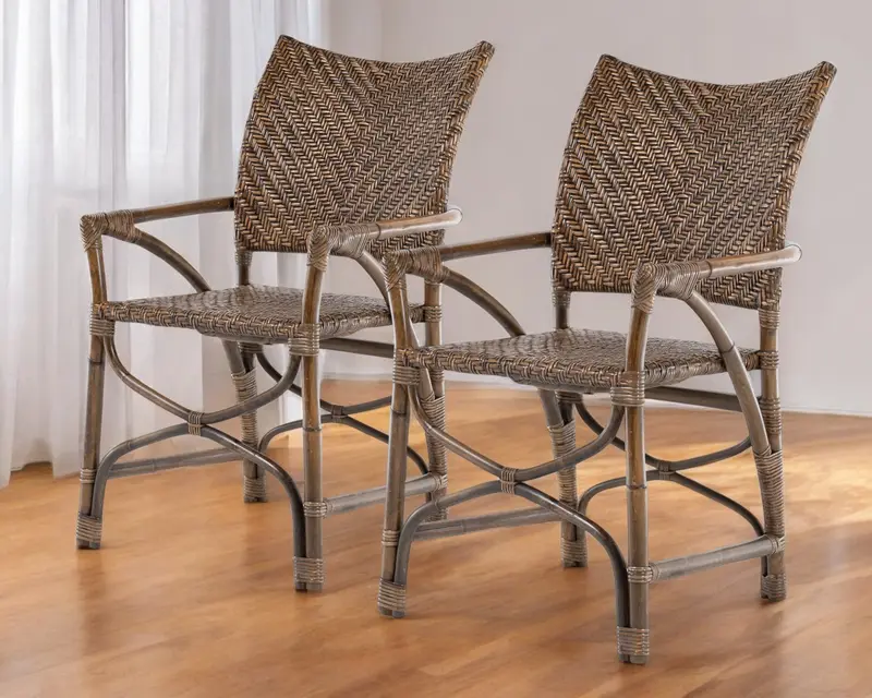 Set of Two Brown Rattan Open Back Dining Arm Chairs By Homeroots