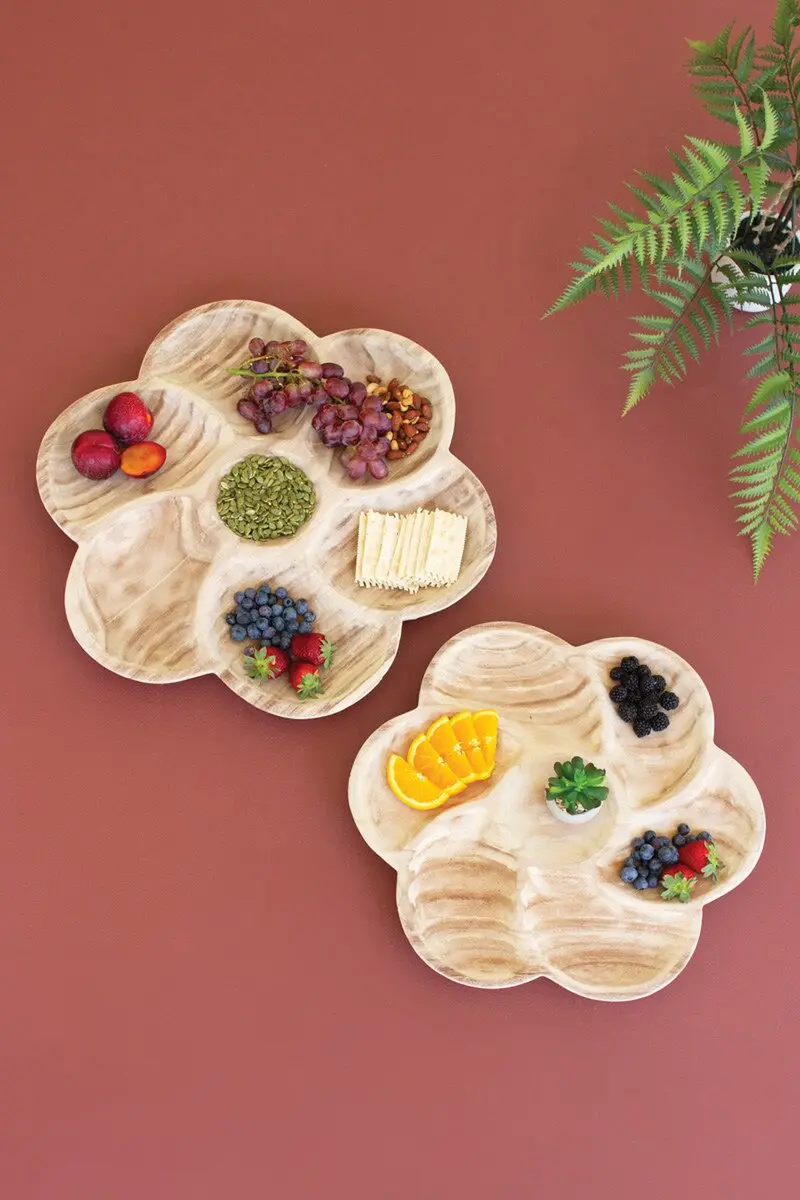Set Of Two Carved Wood Flower Petal Platters (Min 2) By Kalalou