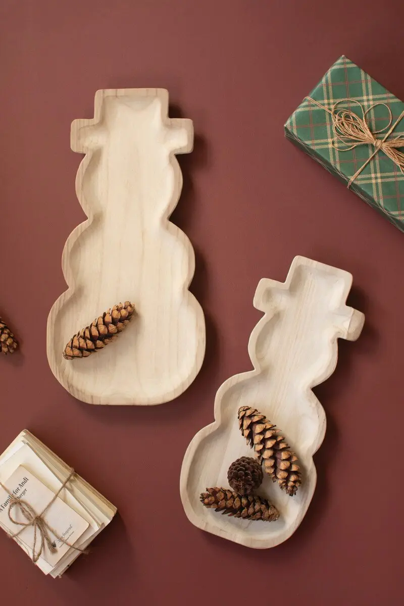 Set Of Two Carved Wood Snowmen Trays (Min 2) By Kalalou