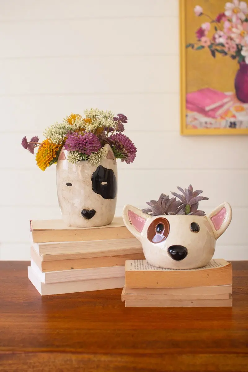 Set Of Two Ceramic Black And White Dog Head Planters (Min 2) By Kalalou