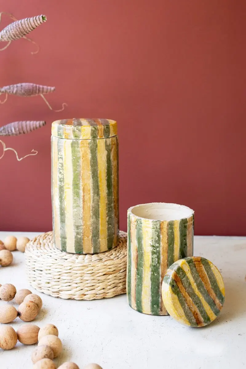 Set Of Two Ceramic Canisters - Olive And Tobacco Stripes By Kalalou