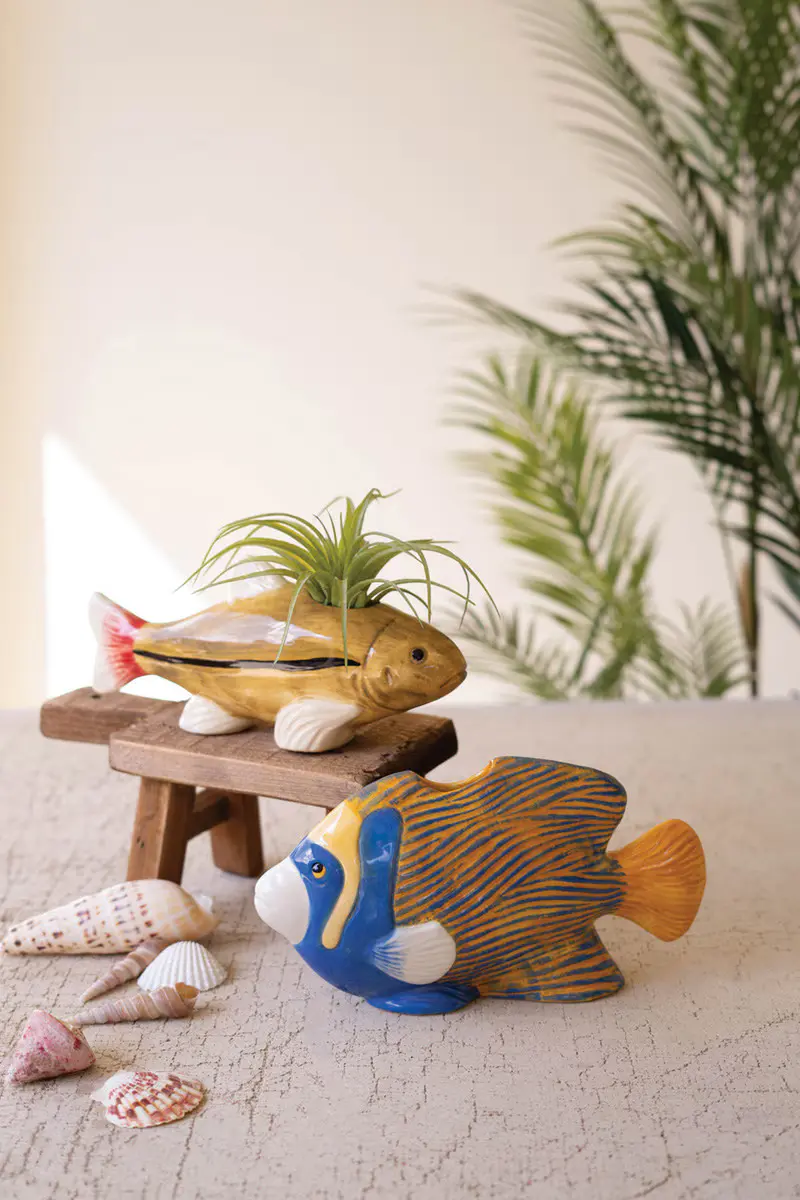 Set Of Two Ceramic Fish Vases By Kalalou