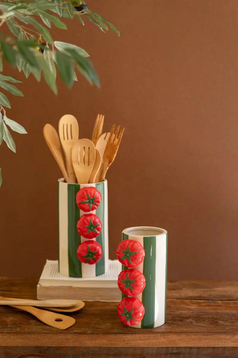 Set Of Two Ceramic Green Striped Vases With Tomatoes By Kalalou
