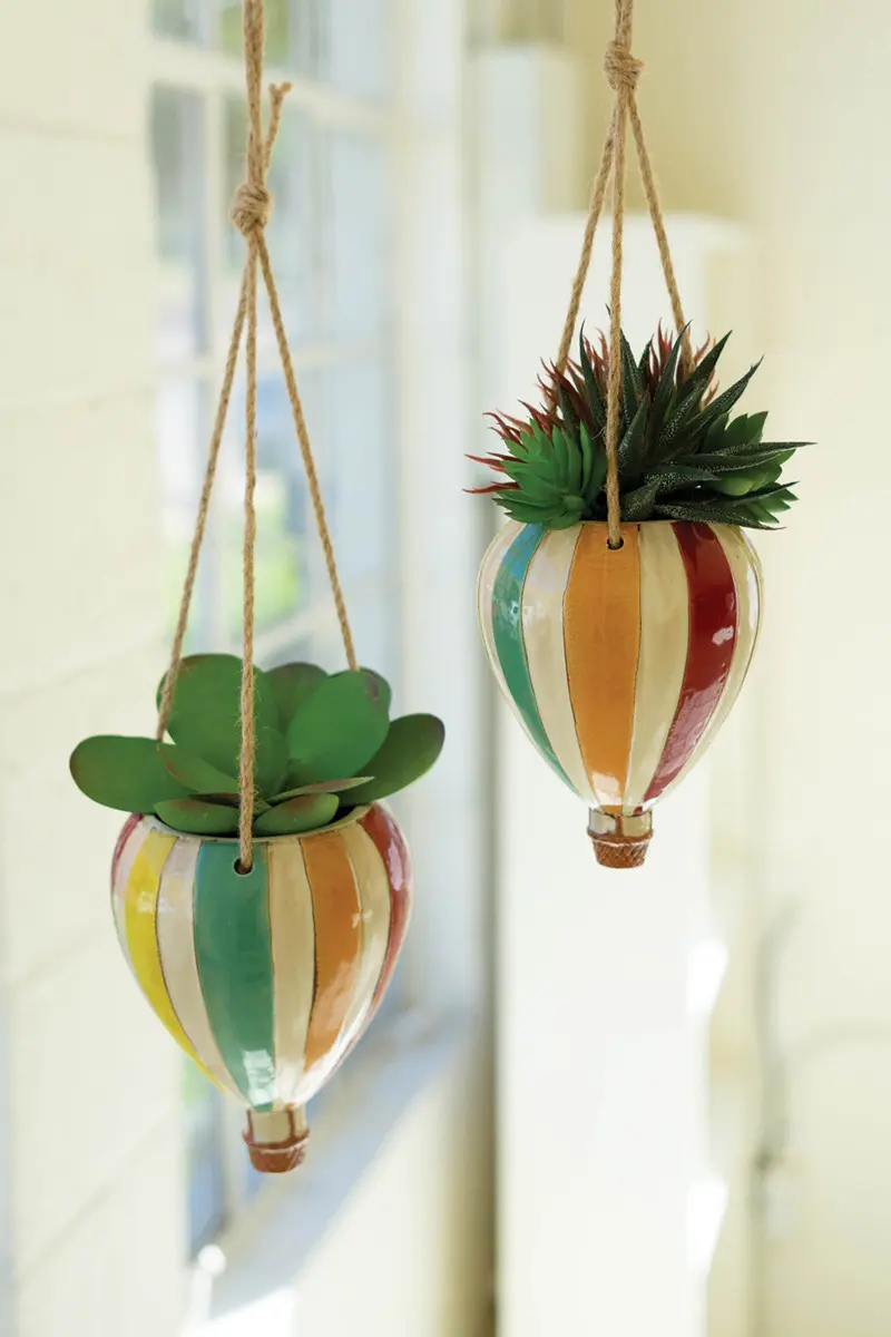 Set Of Two Ceramic Hot Air Balloon Hanging Planters By Kalalou