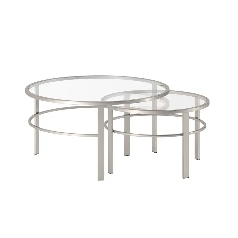 Set of Two Clear and Silver Glass And Steel Round Nested Coffee Tables By Homeroots