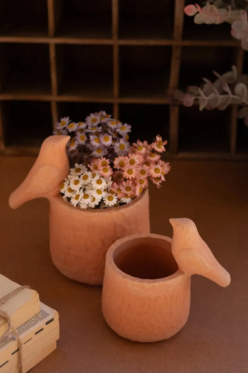 Set Of Two Concrete Planters With Birds - Terracotta (Min 2) By Kalalou