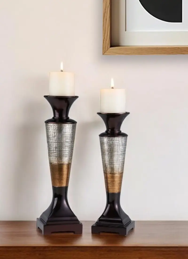 Set of Two Espresso Silver and Gold Polyresin Striped Centerpiece Pillar Candle Holders With Candle By Homeroots