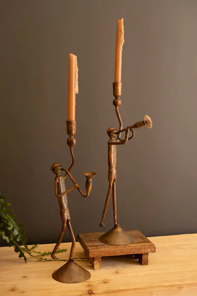 Set Of Two Forged Iron Trumpet And Saxaphone Taper Candle Holders By Kalalou