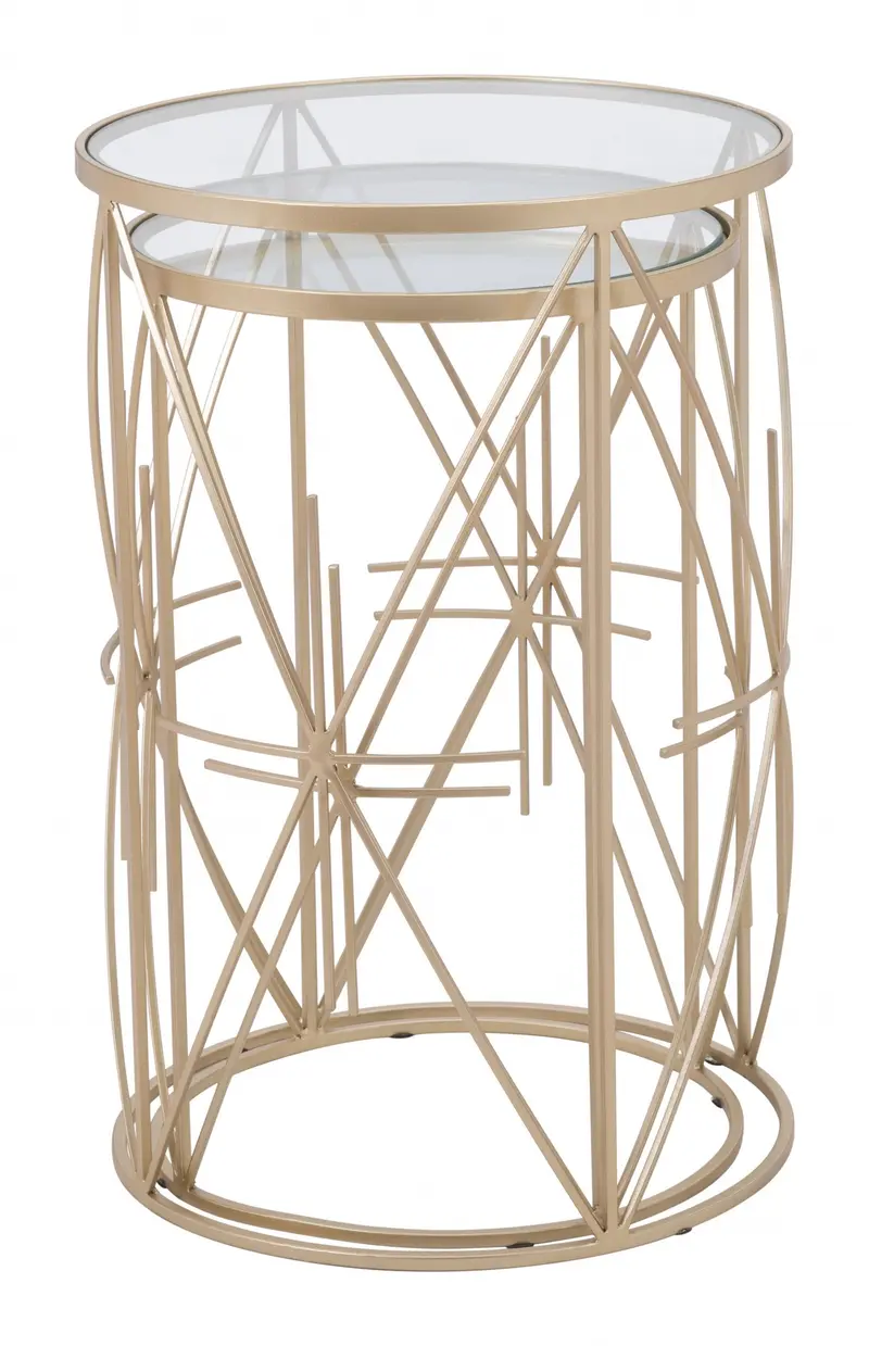 Set of Two Geometric Gold and Glass Side Tables By Homeroots