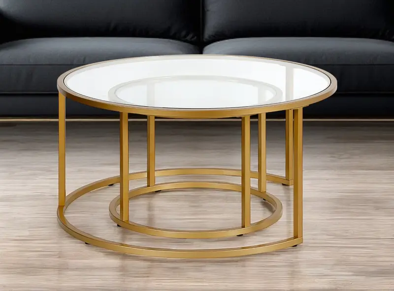 Set of Two Gold Glass And Steel Round Nested Coffee Tables By Homeroots
