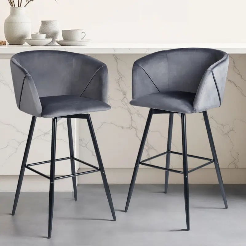 Set of Two Gray And Black Velvet And Steel Low Back Bar Height Bar Chairs By Homeroots