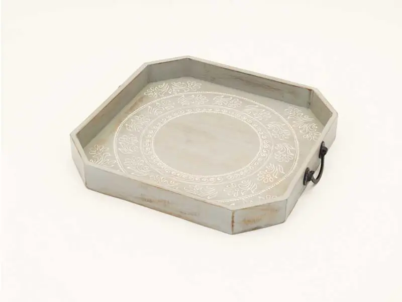 Set Of Two Gray and White Octagon Solid Wood Paisley Handmade Serving Tray With Handles By Homeroots